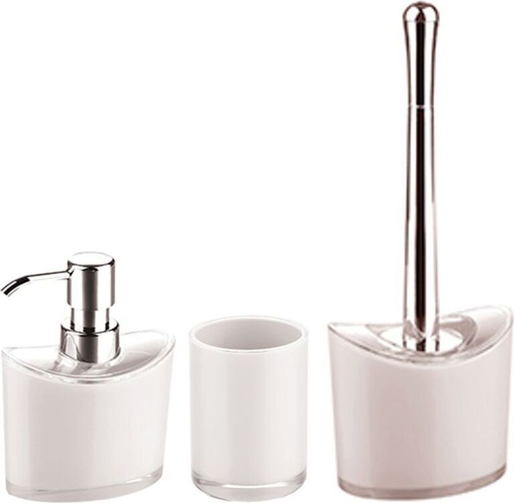 MSV Badezimmer Set Manihi, 3-teiliges Badzubehör aus Acryl, Seifenspender, WC Bürste und Zahnputzbecher Weiß