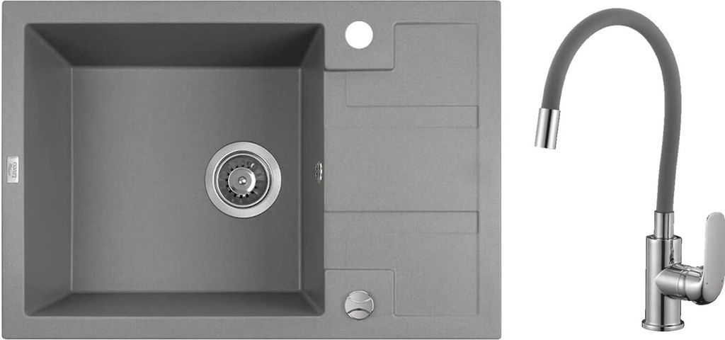 BADLAND Elza Set Spülbecken Granitspüle Einzelbecken mit kurzer Ablaufplatte Grau Armatur Spültischarmatur Siphon