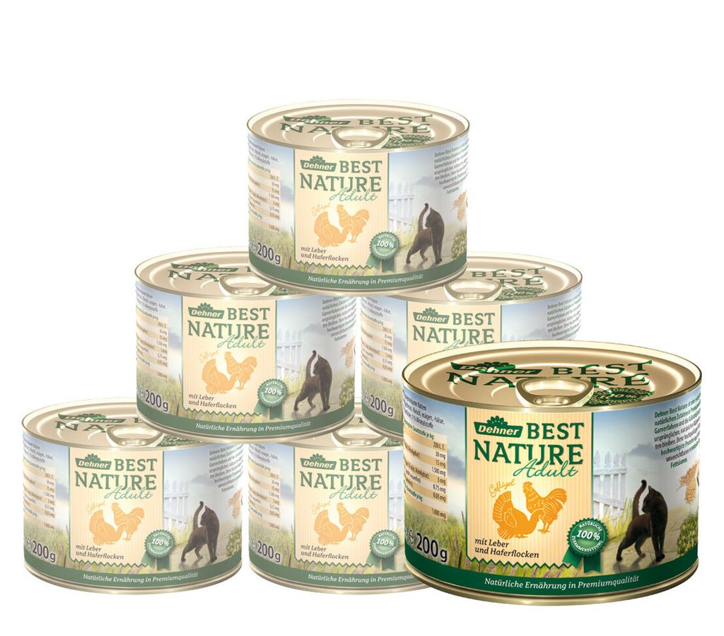 Dehner Best Nature Katzenfutter, Nassfutter, für ausgewachsene Katzen, Geflügel / Leber / Haferflocken, 6 x 200 g (1.2 kg)