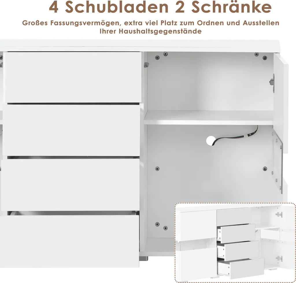 Commode LED 16 Couleurs Grand Rangement Buffet Bas Blanc Brillant - 3