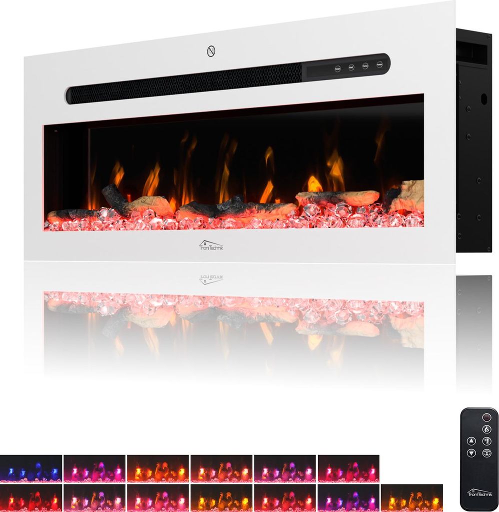 TroniTechnik Wandkamin Panorama Elektrokamin LED Flammeneffekt Elektrisch Timer 12 Farben inkl. Kristalle 900/1800W