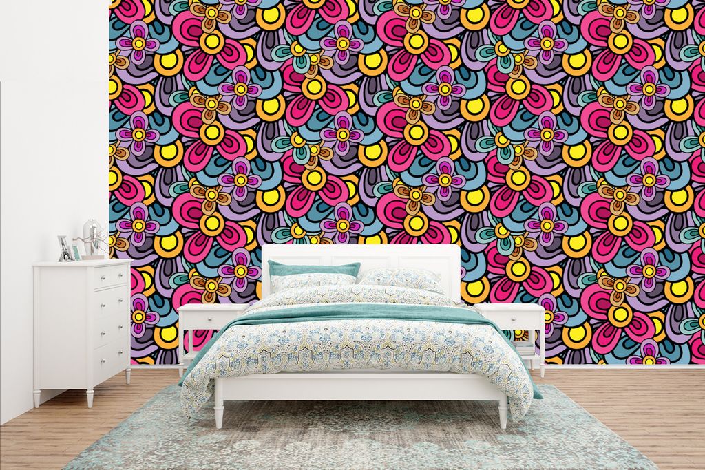 MuchoWow Fototapete für Wohnzimmer oder Schlafzimmer Wandtapete Vinyl Motivtapete Diagramm - Hippie - Blumen - Lila - 400x240 cm - Gemustert