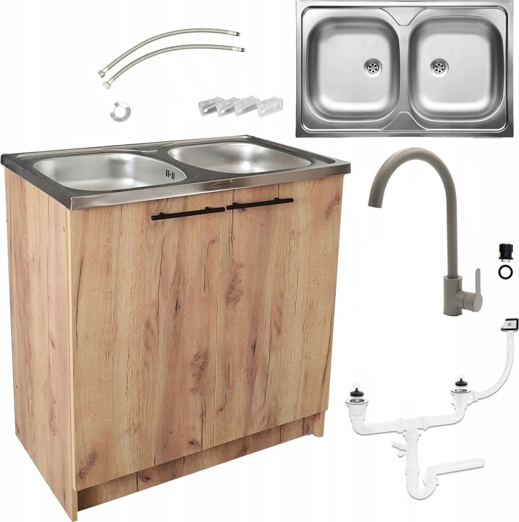 Stamar | Küchenunterschrank 80x50 - Eiche Gold - mit Spüle, hoher Armatur und Syphon - funktional und elegant