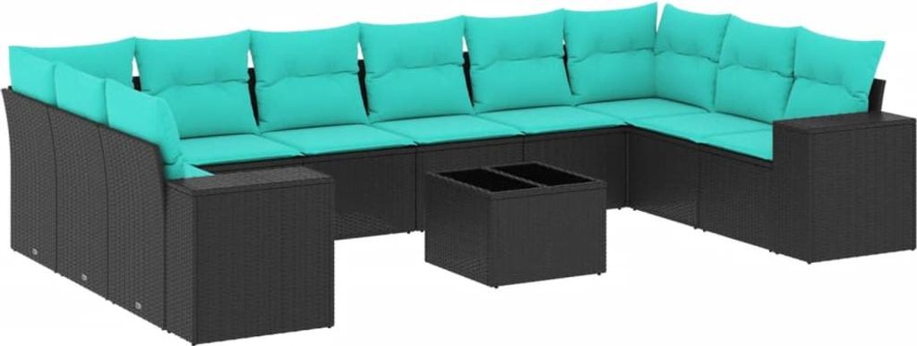 11-teiliges Gartensofa-Set mit Kissen, schwarzes Polyrattan