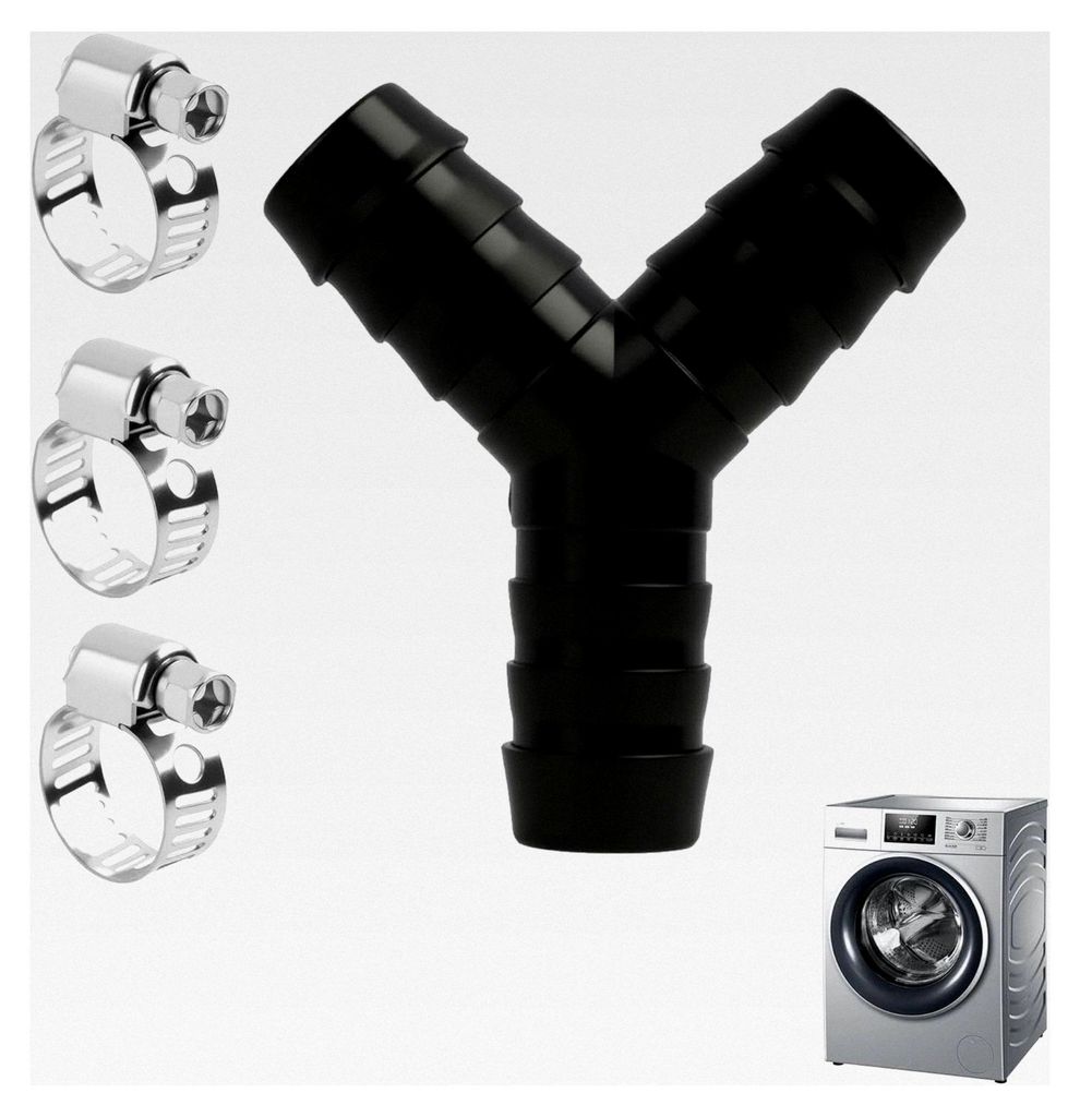 2-Wege Y-Verteiler für Ablaufschläuche, 3/4 Zoll (19 mm) Anschluss, inklusive 3 Schlauchschellen, für Waschmaschinen und Geschirrspüler