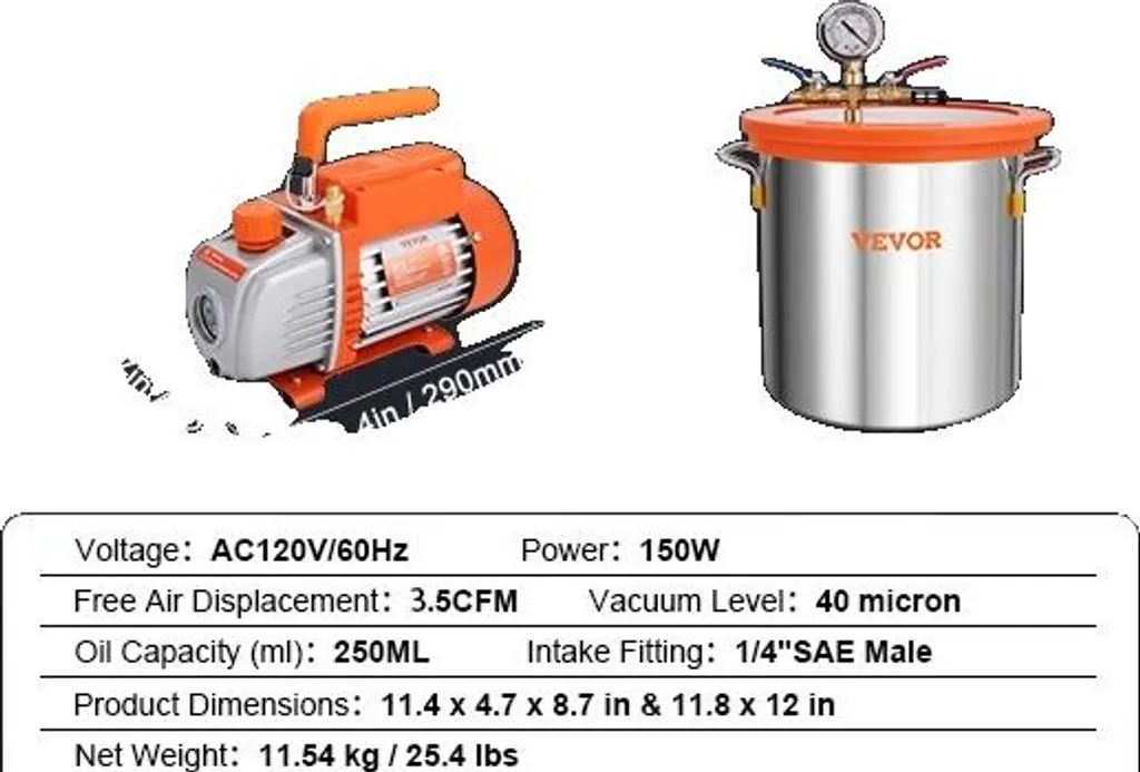Kit dégazage 5 Gal pompe 3.5 CFM 150W, vide puissant 40 microns