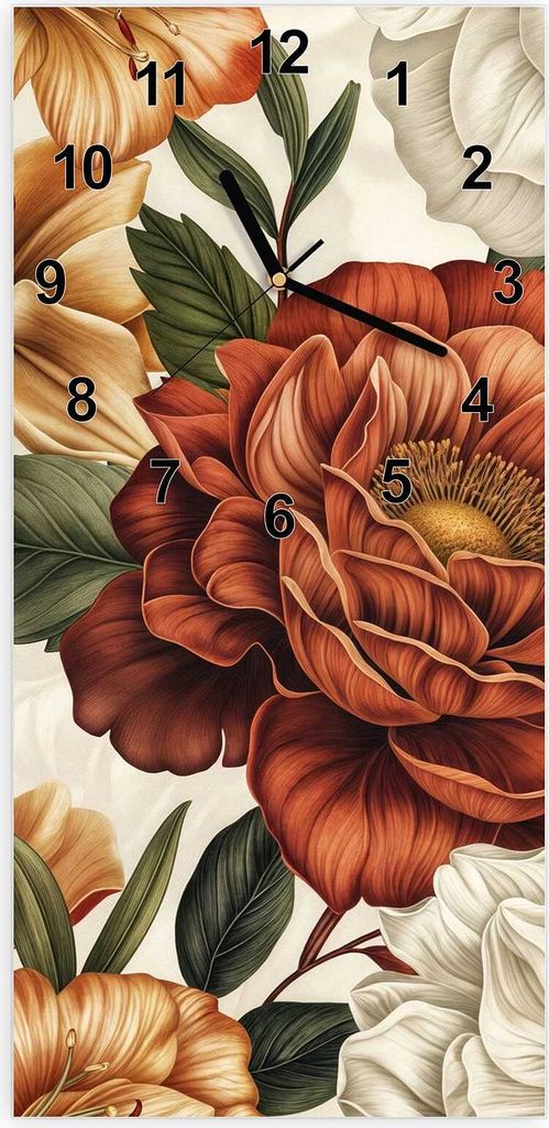 Wanduhr aus Glas mit Motiv Blumenmuster Vintage- 30 x 60 cm - inkl. Aufhängesystem