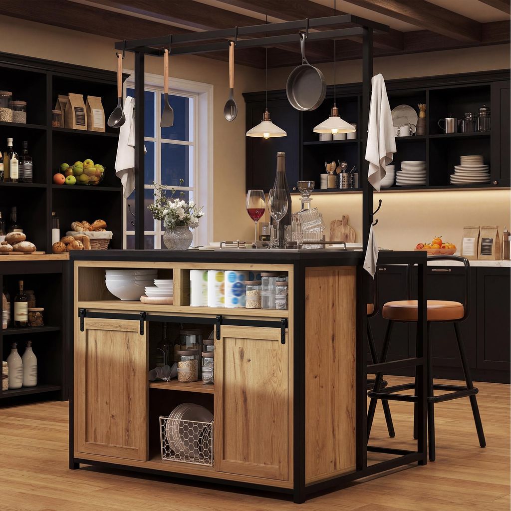 okwish Küchenschrank mit Hängeregal,Multifunktionaler Kücheninsel mit Stromanschluss und Schiebetüren, Bartisch mit offene Fächer, Natur