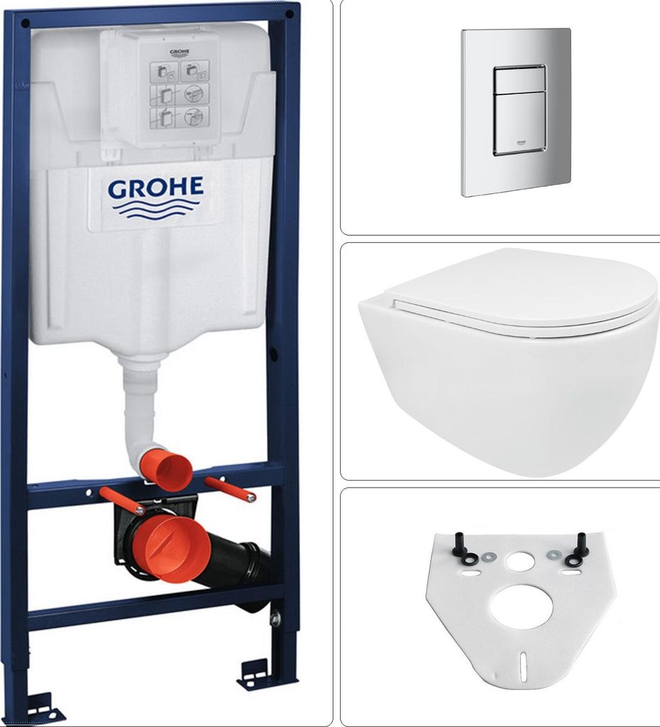 BB INFINITY Wand WC spülrandlos mit SoftClose WC-Sitz & GROHE Vorwandgestell + SKATE Cosmopolitan Betätigungsplatte, chrom