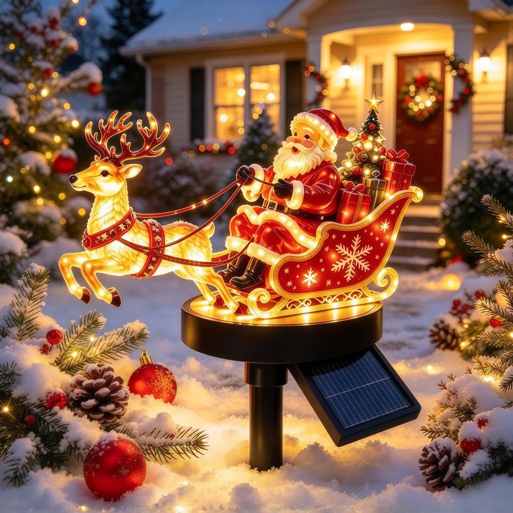 Weihnachtsmann auf Rentierschlitten Solar-Gartenstecker, Produktbild 