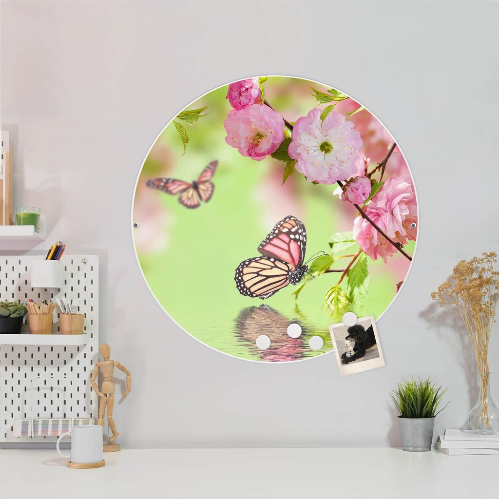 Design Stahlmagnettafel Weiß Rund 47cm Japanische Kirschblüte