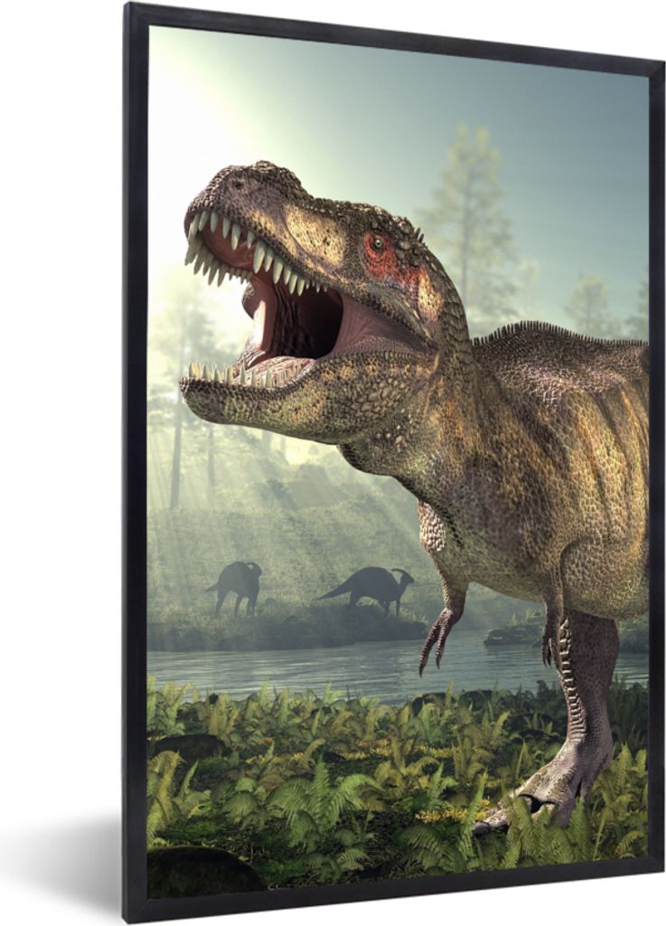 MuchoWow Gerahmtes Poster Dino - Gras - Zeichnung - Kinder - Jungen 20x30 cm - Poster mit Schwarzem Bilderrahmen Wandposter Rahmen Foto Bilder - ...