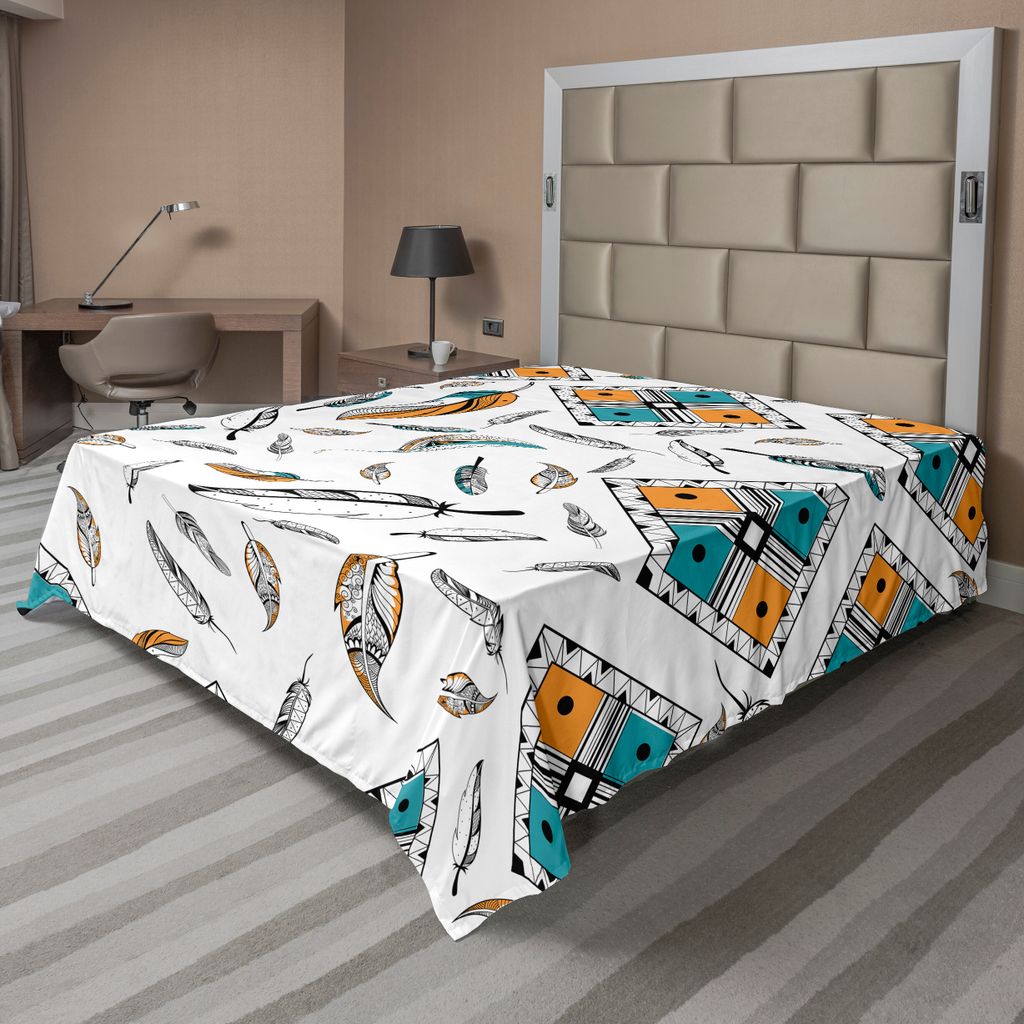 ABAKUHAUS Boho Bettlaken, Stammes-böhmische Vogel-Feder-Muster mit geometrischen quadratischen Weinlesemotiven, weiches bequemes oberes Bettlaken ...