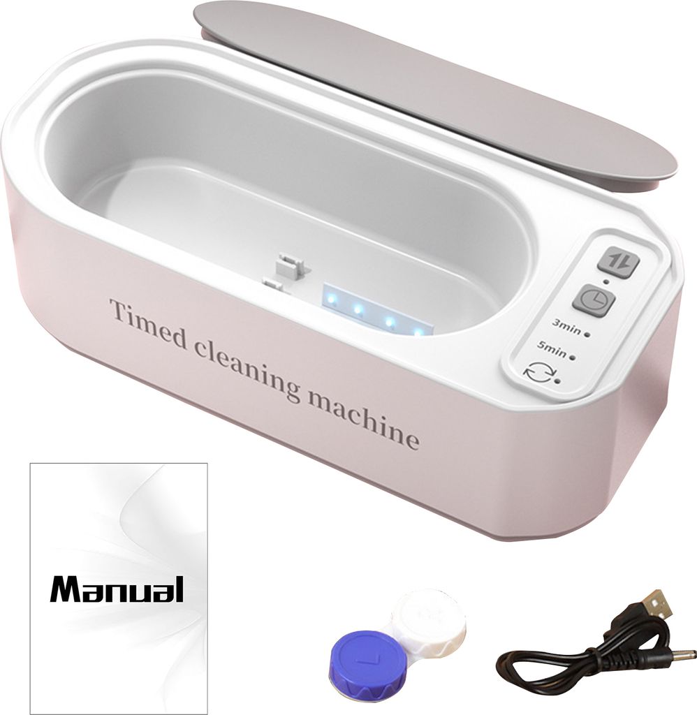 A white ultrasonic cleaning machine with a gray lid, shown with a manual, a contact lens case, and a USB cable.