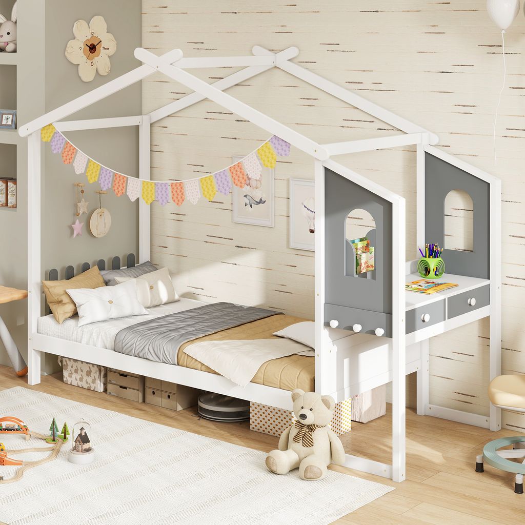 Hausbett 200*90cm mit Schreibtisch, Kinderbett mit Schubladen, Haken, Montessori-Bett, ohne Lattenrost erforderlich