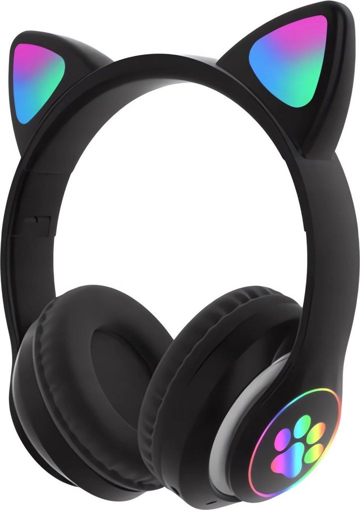 A pair of black headphones with cat ears and LED lights.