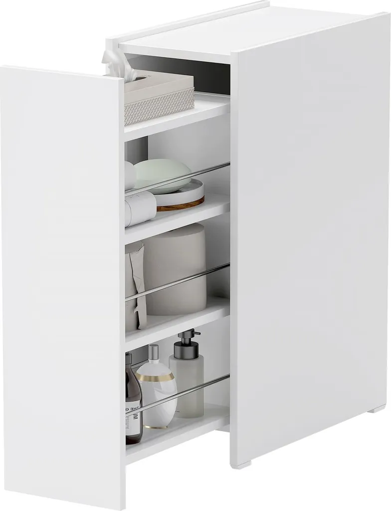 Petit meuble de toilette sur roulettes blanc avec 3 niches de rangement