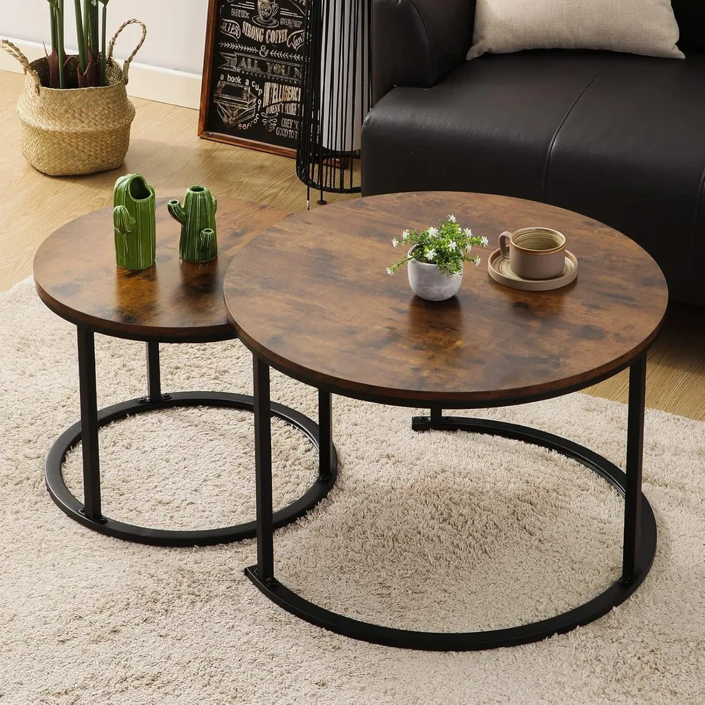 Table Basse Ronde Anti-Rayures en Bois et Métal Set de 2 Tables Salon