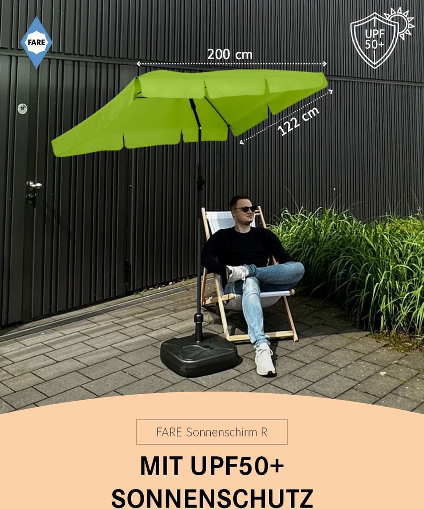 FARE Sonnenschirm R Höhenverstellbar Knickvorrichtung Lichtschutzfaktor UPF 50+ 200x122cm, Farbe:Grasgrün