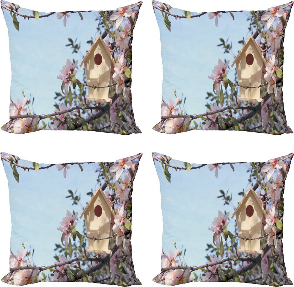 ABAKUHAUS Mandelblüte Kissenbezug Set (4 Stück), kleines Vogelhaus, Moderner Doppelseitiger Digitaldruck, 45 cm x 45 cm, Mehrfarbig