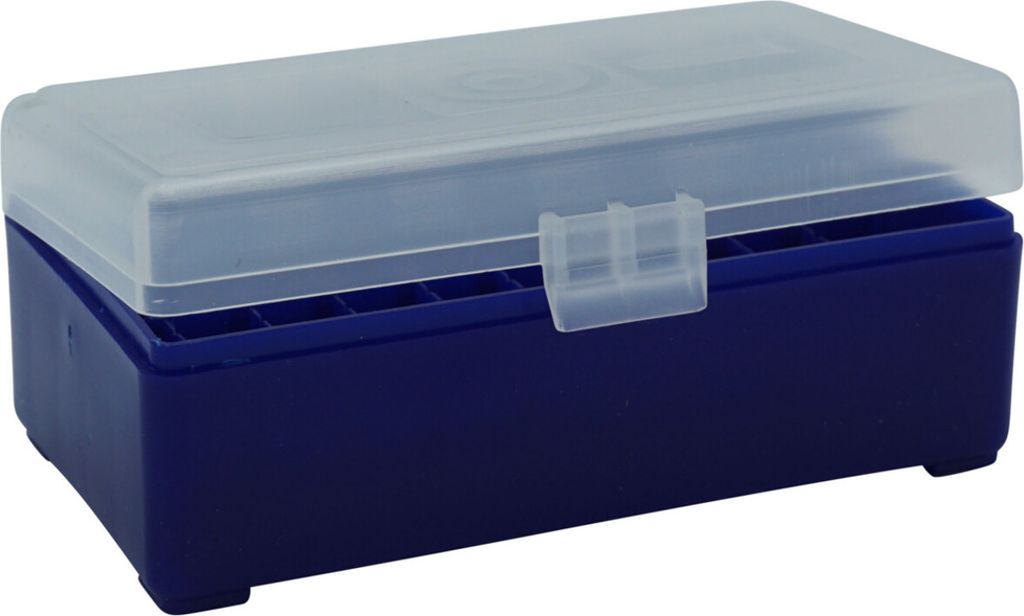 WPW Patronenbox Kaliber .357 - 50 Stück blau-transparent mit Klappdeckel