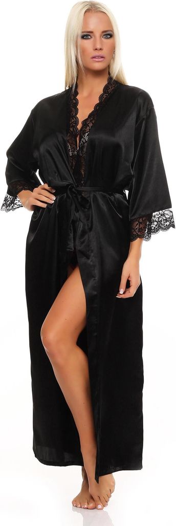 Damen langes Kimono Seidenrobe Morgenmantel; Schwarz M