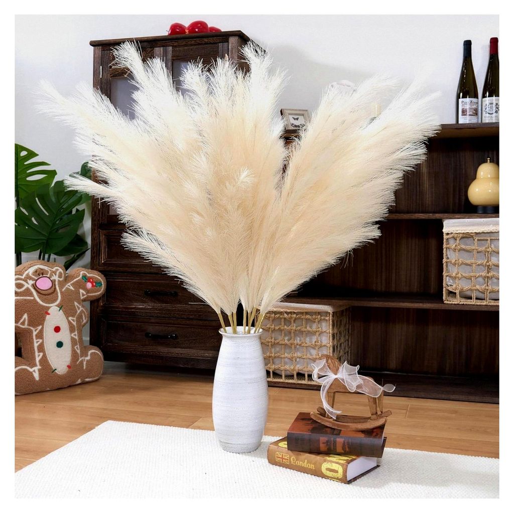 Künstliches Pampasgras in Beige, hoch, 8 Stück 110 cm, neutrale Deko für Bodenvasen, 18 Zweige Einzelstiel ohne Montage