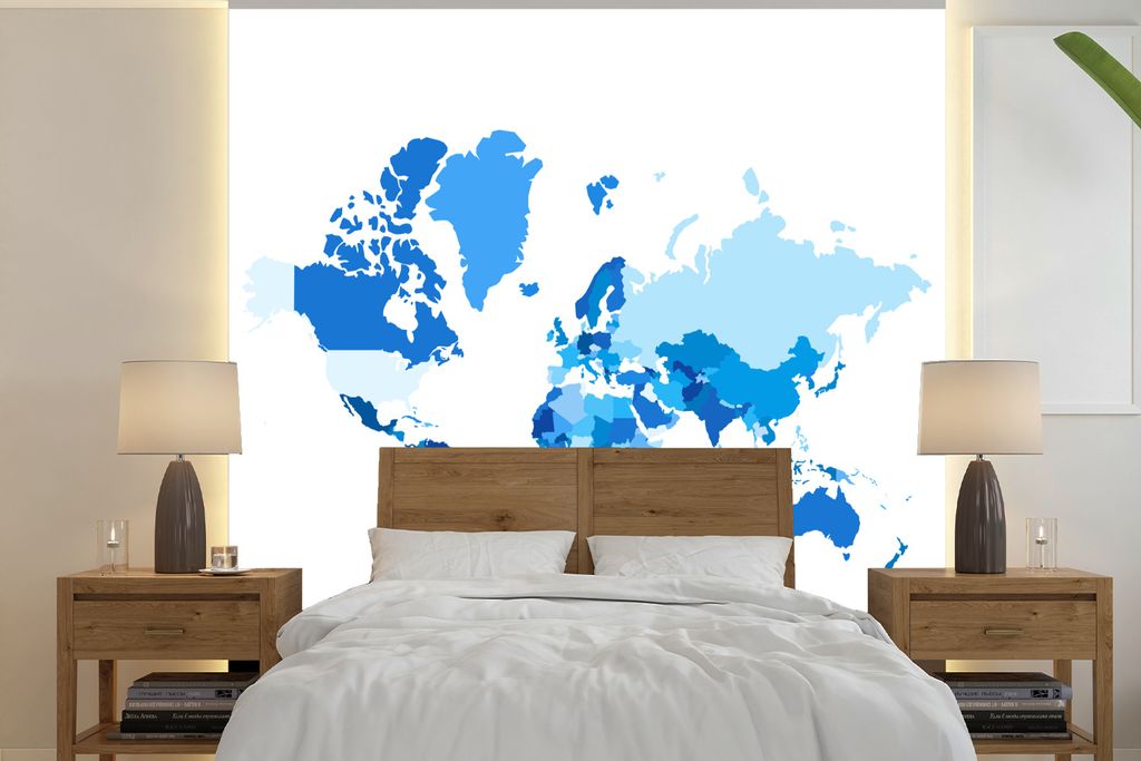 MuchoWow Fototapete für Wohnzimmer oder Schlafzimmer Wandtapete Vinyl Motivtapete Weltkarte - Blau - Weiß - 240x240 cm - Schlafzimmer-Tapete