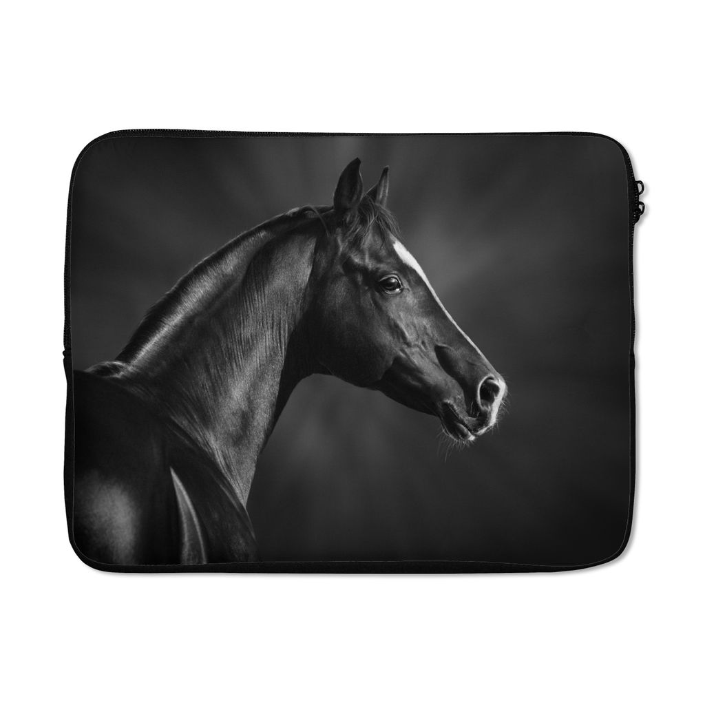 MuchoWow Laptop Hülle 17 Zoll Laptoptasche Pferd - Tiere - Schwarz - Weiß - Porträt - Zipper - Schutzabdeckung