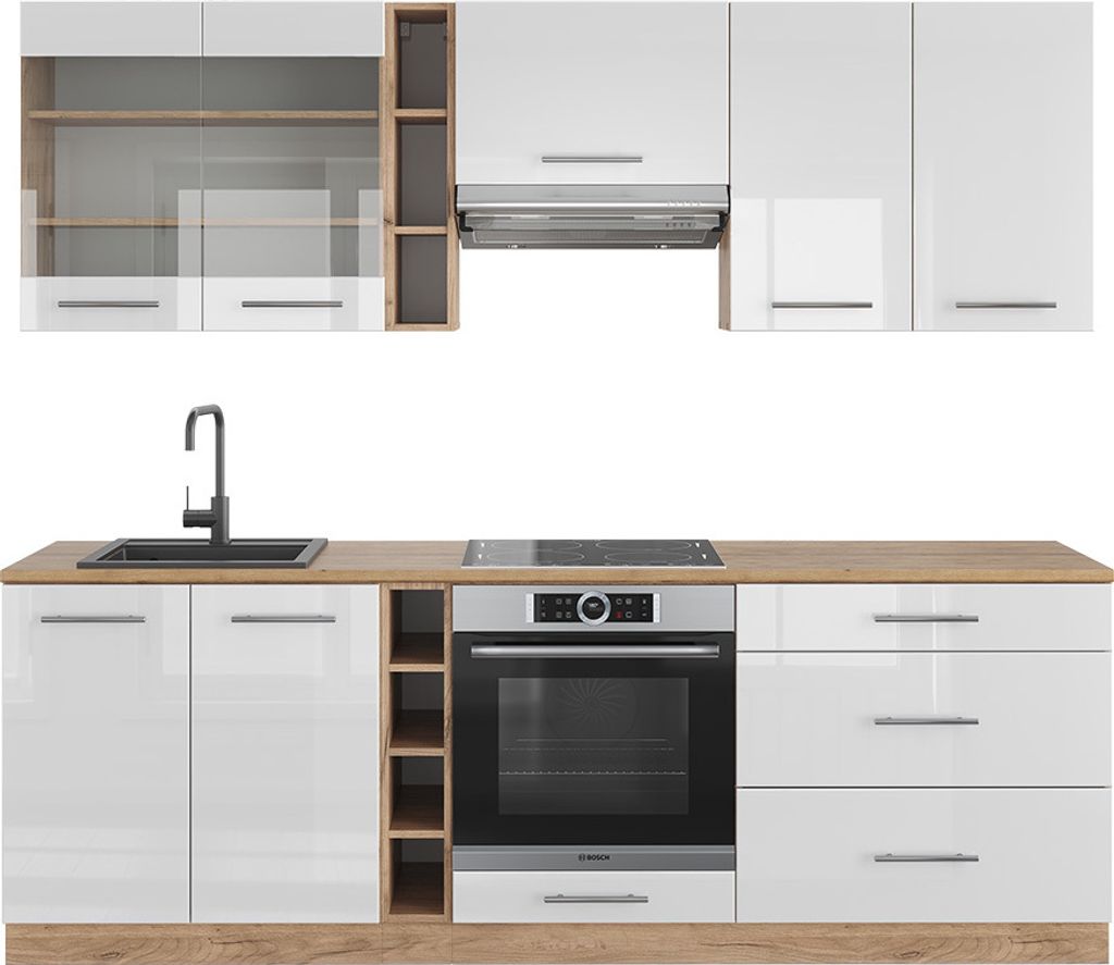 Küchenzeile Vicco Fame-Line Weiß Hochglanz/Goldkraft Eiche 235 cm ohne Arbeitsplatte, Model 38753