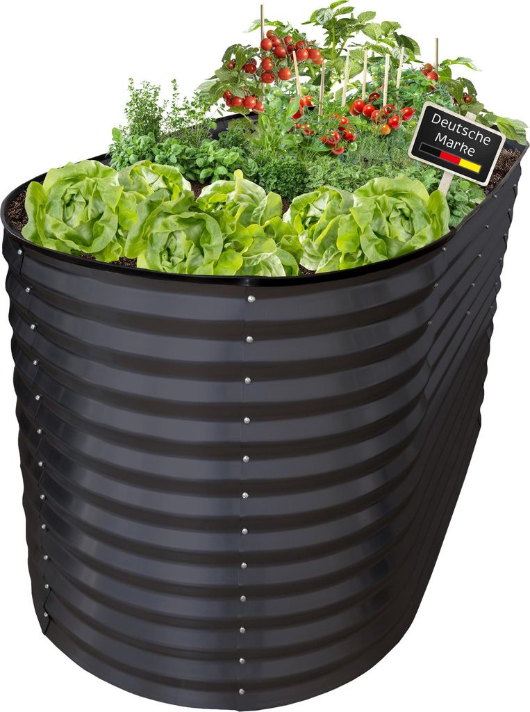 A raised garden bed filled with lettuce and tomato plants, with a small sign indicating 'Deutsche Marte'.