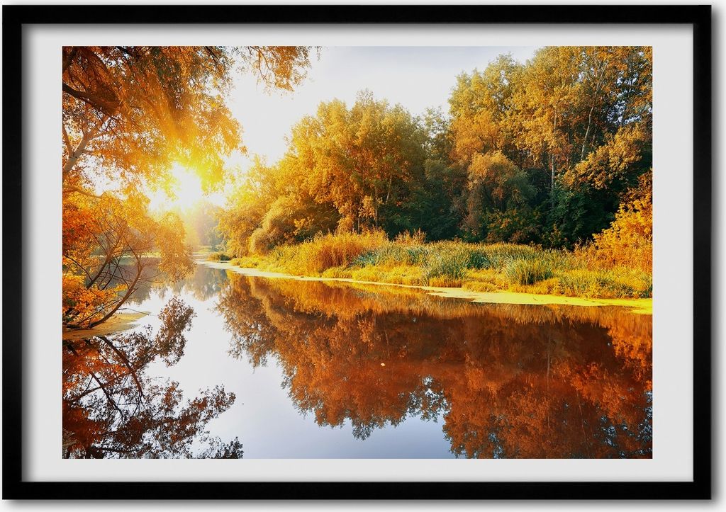 Bild - Bilderrahmen - 100 cm x 70 cm - MDF - Rahmen - Foto - Wandkunst Fluss im Herbst