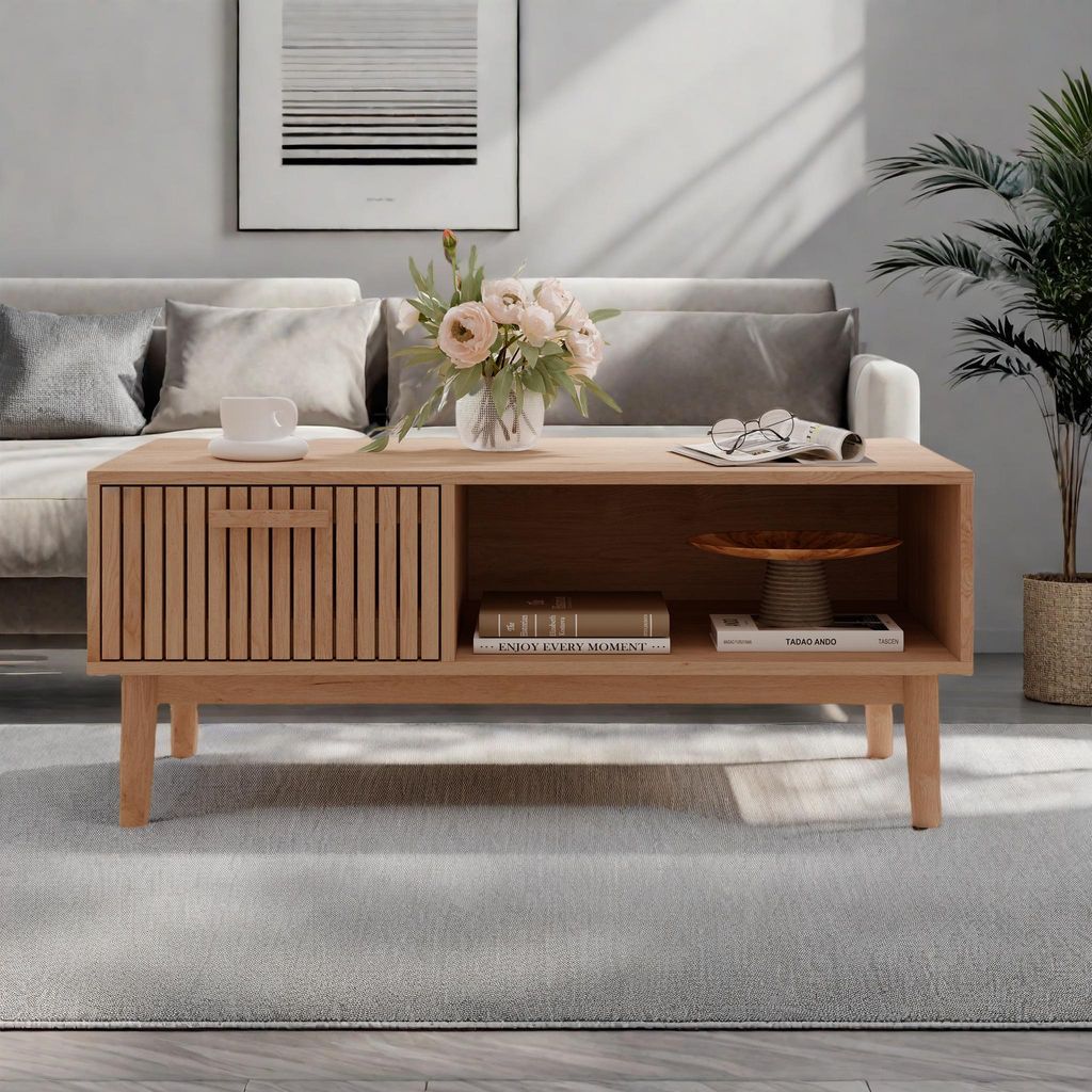 UnboxG Couchtisch aus Holz in Natur, Rattan-Design mit 1 Schublade, Wohnzimmertisch im Boho-Stil, Beistelltisch mit Stauraum