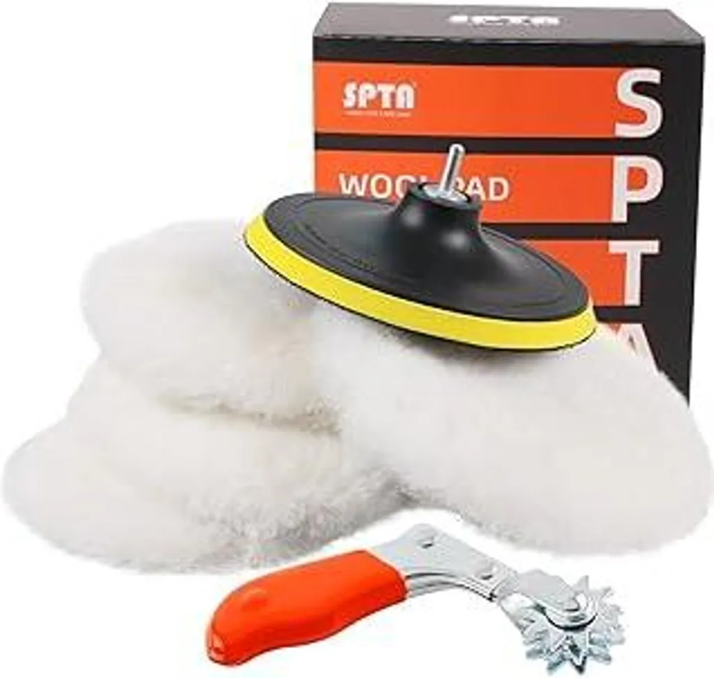 SPTA Pad in pelle di agnello, cappuccio in Lana, pelle di agnello, 5 pezzi 150 mm Lucidatura Disco di lucidatura Set di lucidatura Set Pad in lana Pad in Lana 150 mm Pad in velcro Disco di lucidatura + Adattatore per trapano M14 per lucidatrice per auto -HWPPS6M14M5