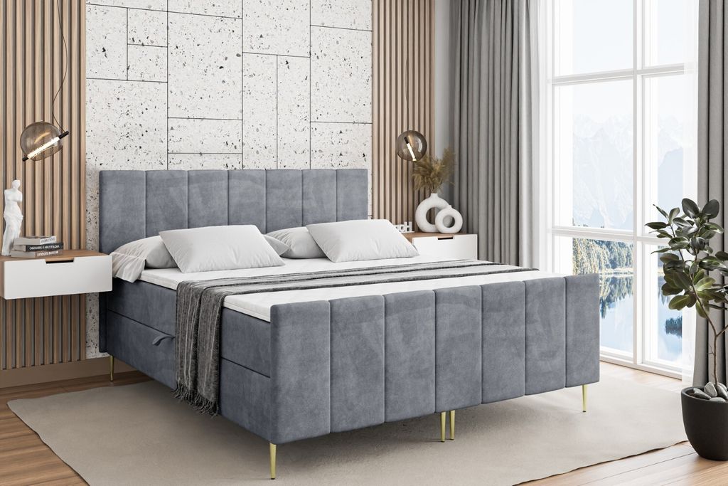 ALTDECOR Boxspringbett mit Gold Füßen, Matratze und Lattenrost, Topper, Fußteil, Polsterbett mit Bettkasten, Bett mit Stauraum H3-Matratze, Dopp...