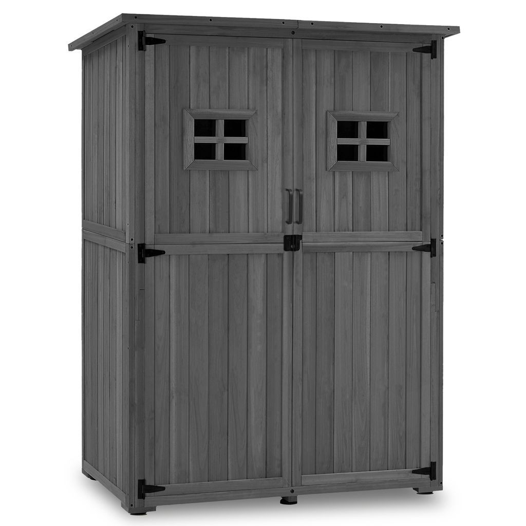 M MCombo Gartenschrank Holz, Gartenhaus Klein Wetterfest, Outdoor Gerätehaus Geräteschuppen, für Außenbereich Balkon Terrasse, 0912EY-F (Grau)