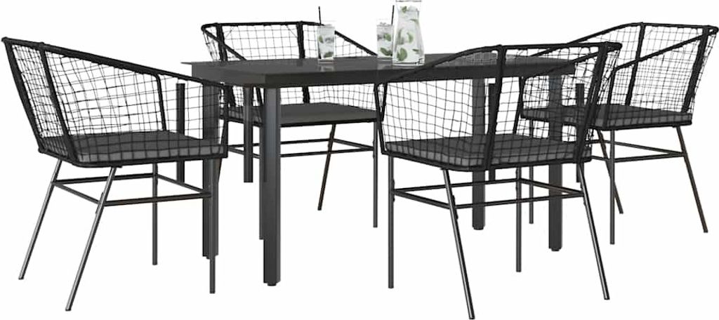 Maison Exclusive - 5-tlg. Garten-Essgruppe mit Kissen Schwarz Poly Rattan Glas