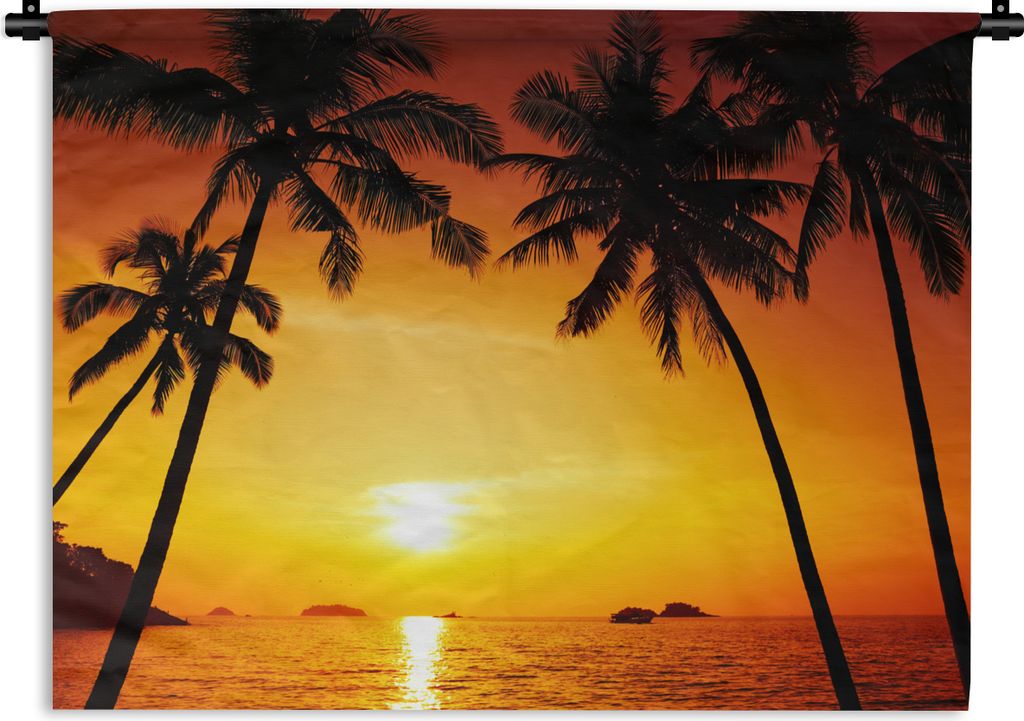 MuchoWow Wandteppich Wandbehang Palme - Sonnenuntergang - Strand - Orange - Tropisch 90x67.5 cm Tapisserie Dekoration Wandtuch - Fototeppich - Wa...
