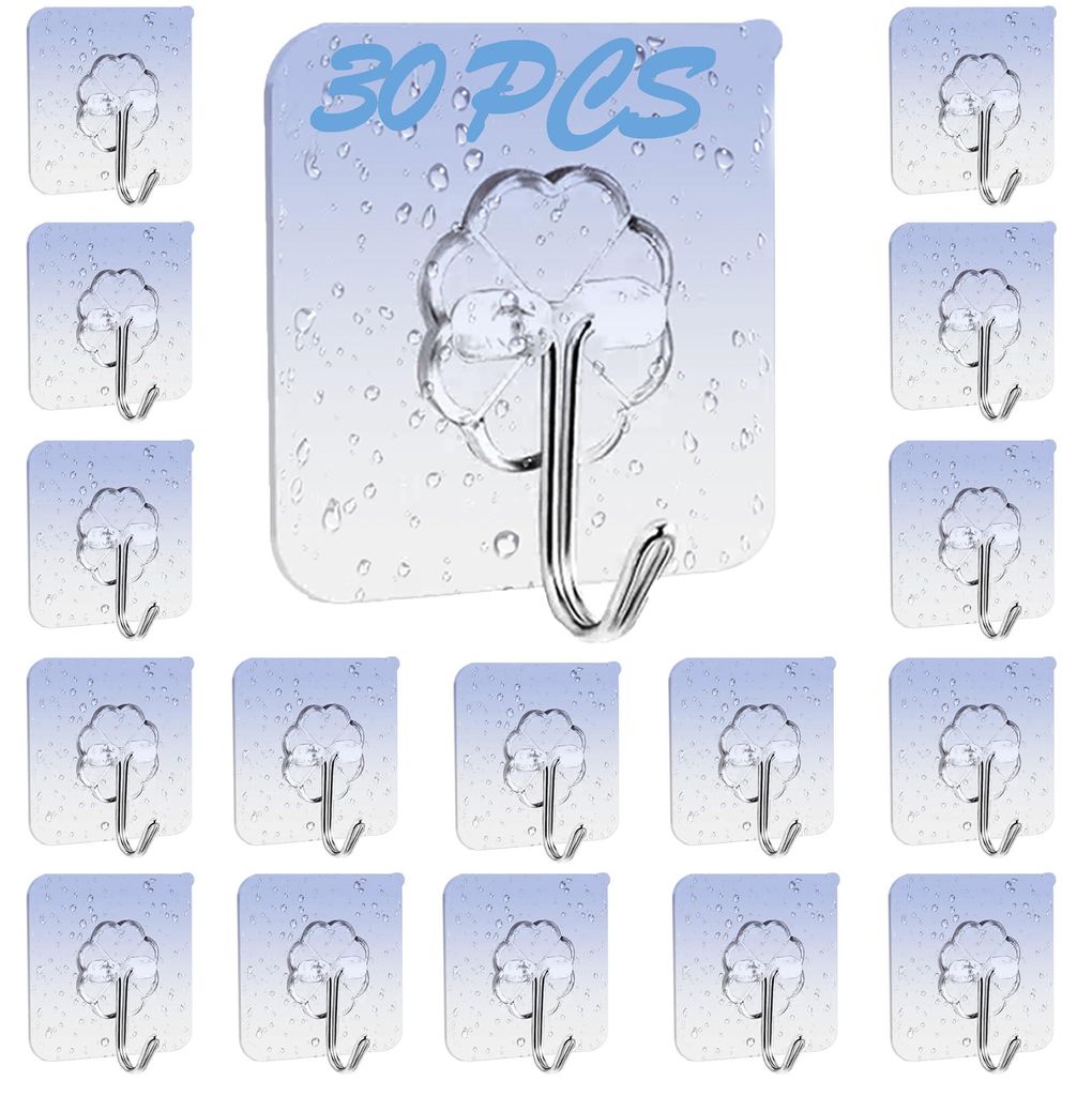 30 transparente, selbstklebende Haken, kein Bohren erforderlich, wasserfest und robust, multifunktionale selbstklebende Haken für Bad, Küche und ...