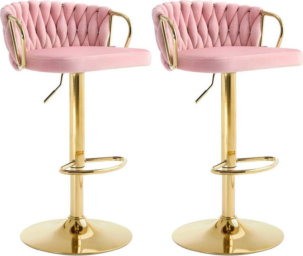 Two pink bar stools with gold legs and accents, shown against a white background.