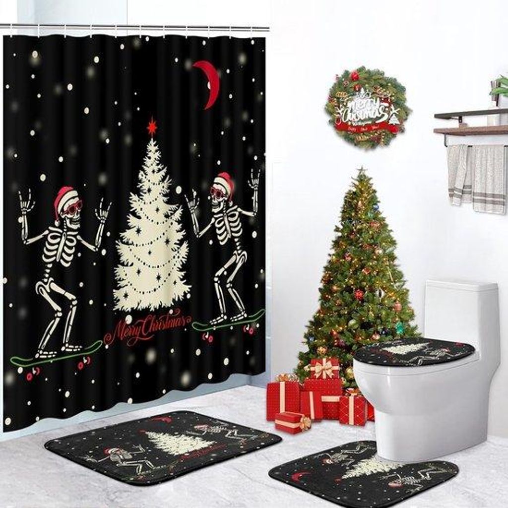 Schwarzes Weihnachts-Badkamer-Set – Scherzhaftes Skelett-Santa-Design – Duschvorhang + Badekissen + Accessoires – Winterliche Festliche Dekor...
