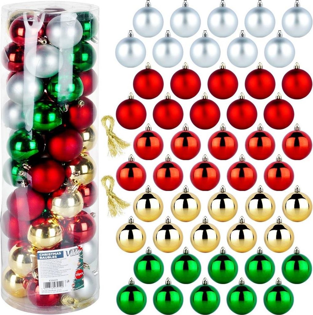 A collection of Christmas baubles in a clear plastic tube and arranged in rows.