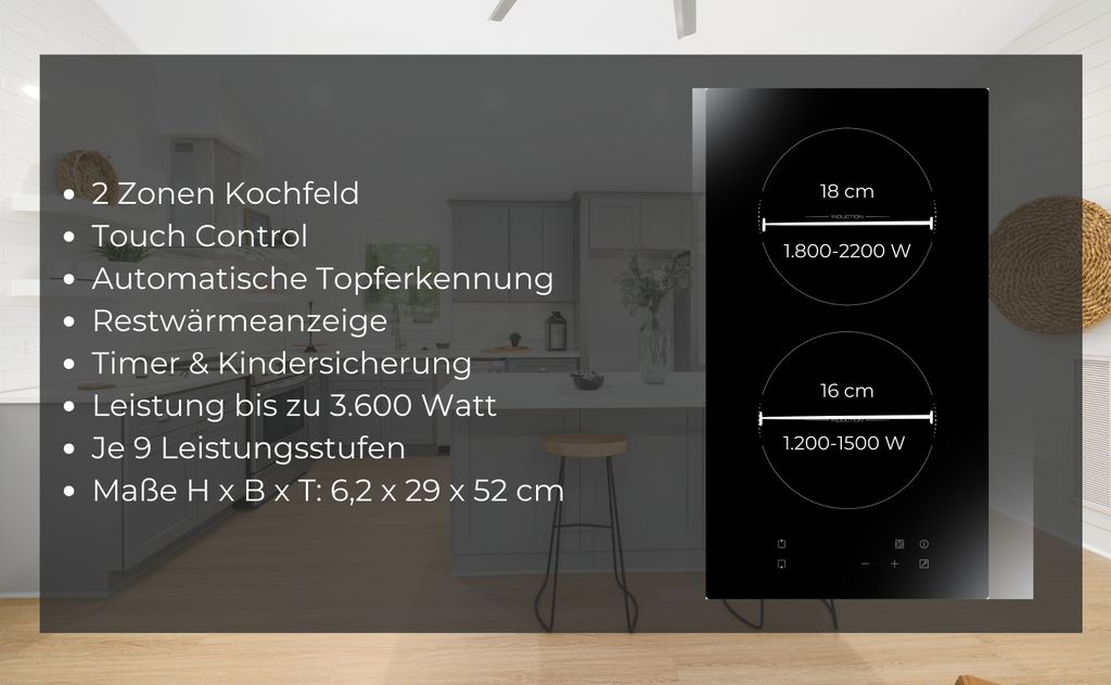 YUNA Induktionskochfeld CALOR EBKI2, Glaskeramik, Touch Produktbild 7