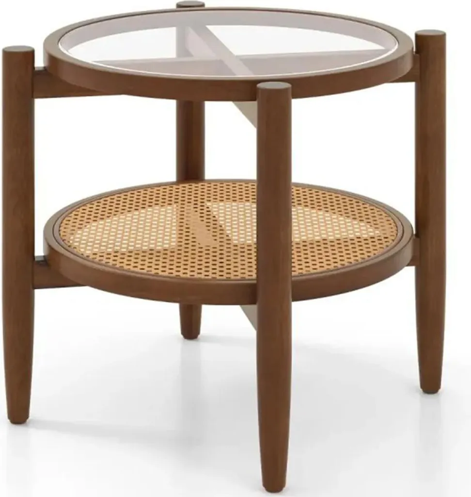 Table basse design en verre trempé et bois marron à structure stable