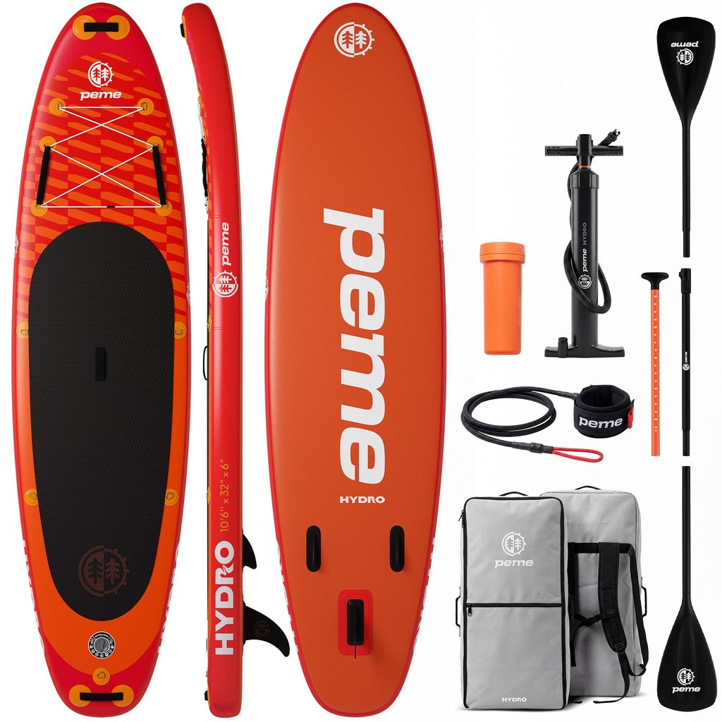 PEME Stand Up Paddle Board - Sunset Orange - 320 cm - Dopple Paddel und komplette Zubehöre, SUP, Surfboard aufblasbar, bis 150Kg,- Rot &Orange