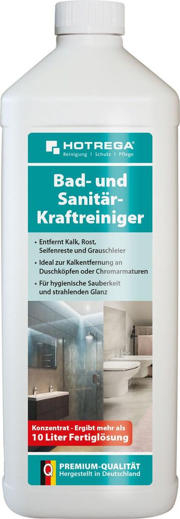 HOTREGA Bad und Sanitär Kraftreiniger 1 L Konzentrat - Entfernt Kalk, Rost, Seifenreste und Grauschleier