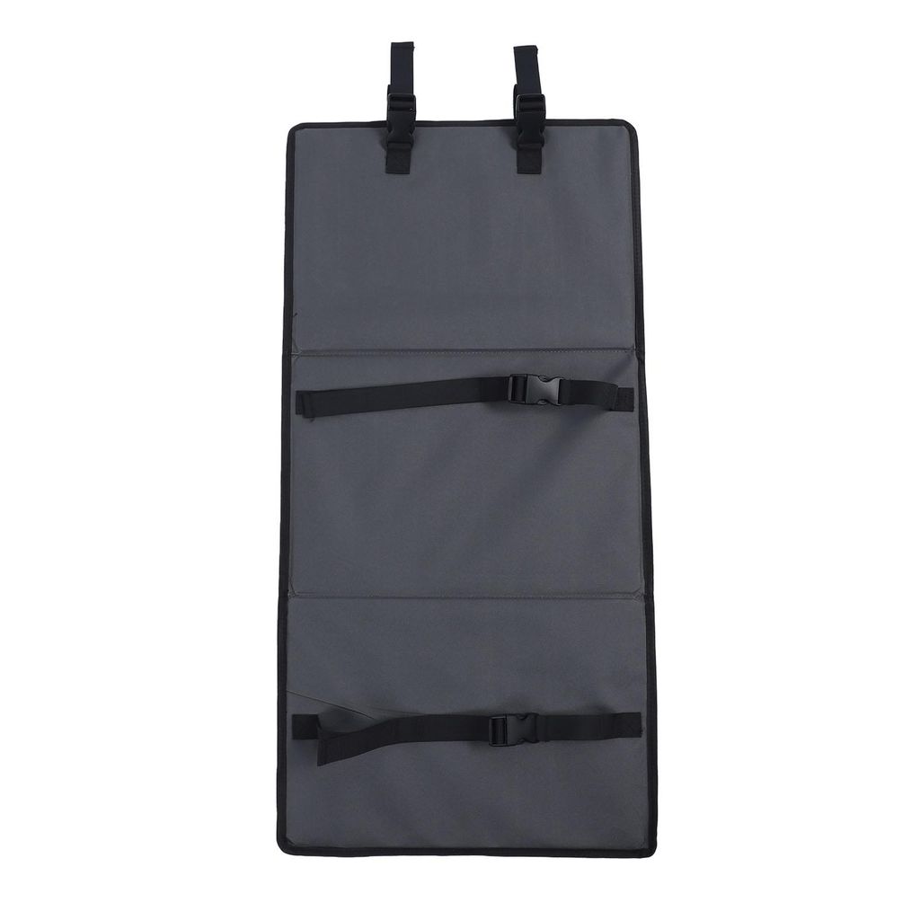 A gray protective mat with straps and buckles, designed to be attached to a bunk bed ladder.