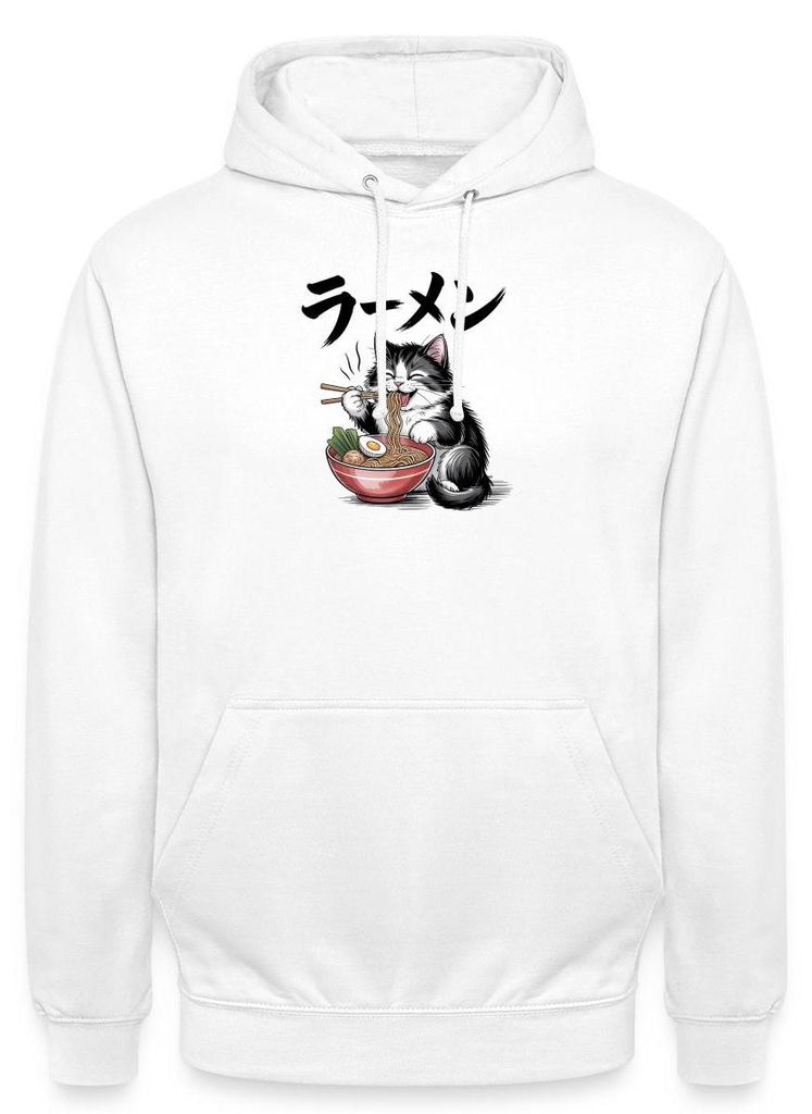 Spreadshirt Ramen Katze | Flauschige Katze Mit Nudelsuppe Uni Hoodie, S, Weiß