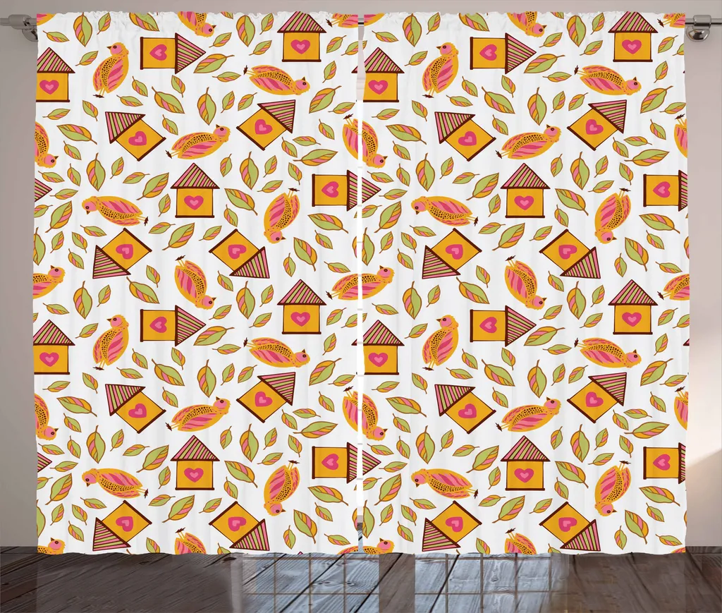 Rideau de chambre à fronces style rustique oiseaux et feuilles d'automne