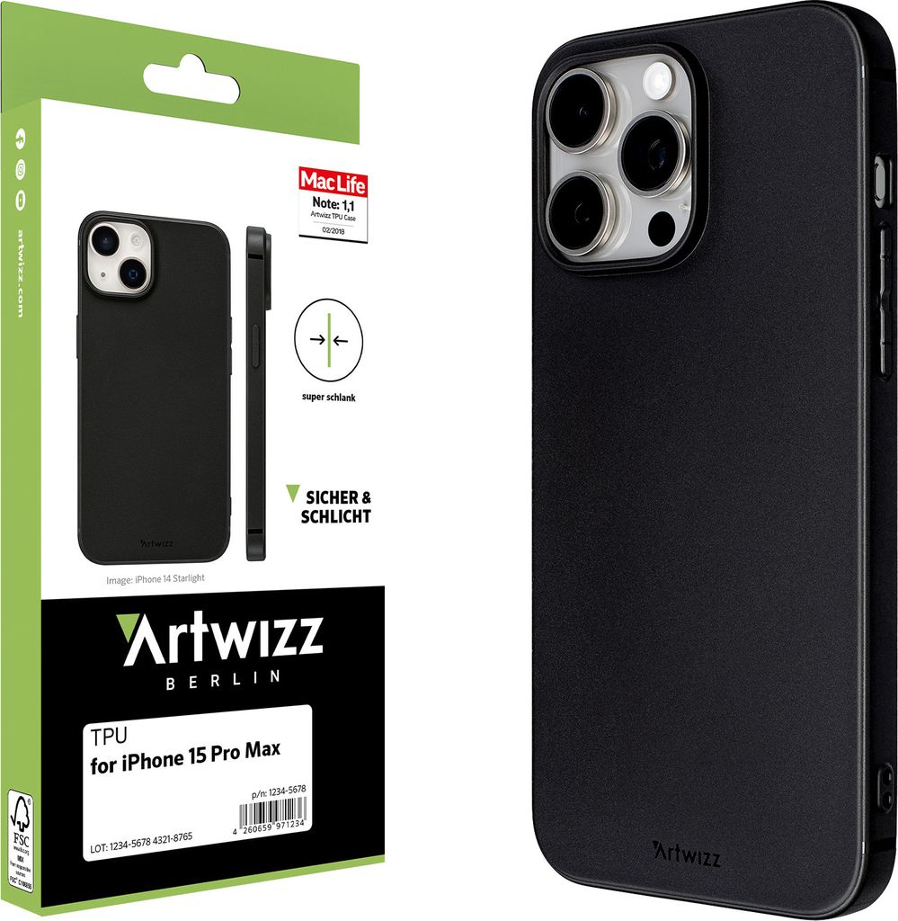 ARTWIZZ TPU Case für iPhone 15 Pro Max - Robuste Elastische Hülle mit matter Rückseite - Schwarz